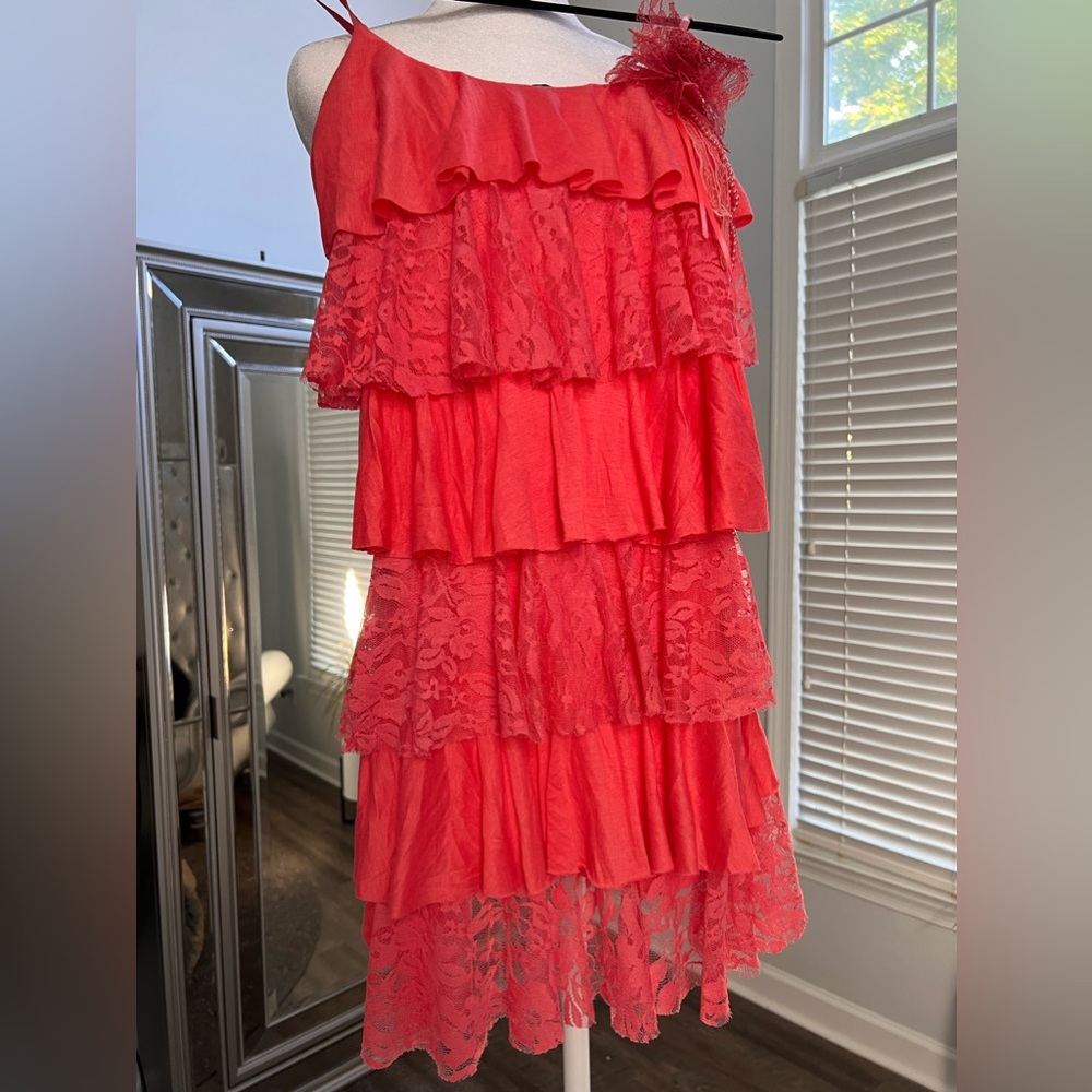 Layered lace front peach colored mini dress size SM